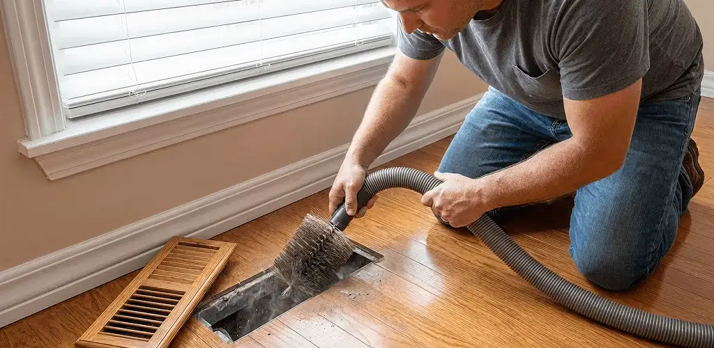 Air duct cleaning technician vacuuming a floor vent and duct opening in Orange, CA