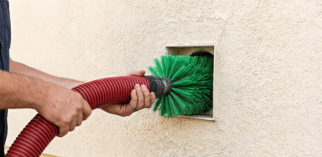 Air duct cleaning brush removing debris from a vent opening in Orange, CA