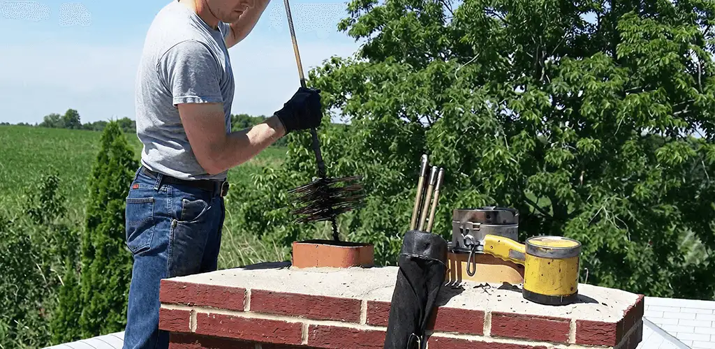 Chimney cleaning technician working on a rooftop chimney with professional tools in Orange, CA