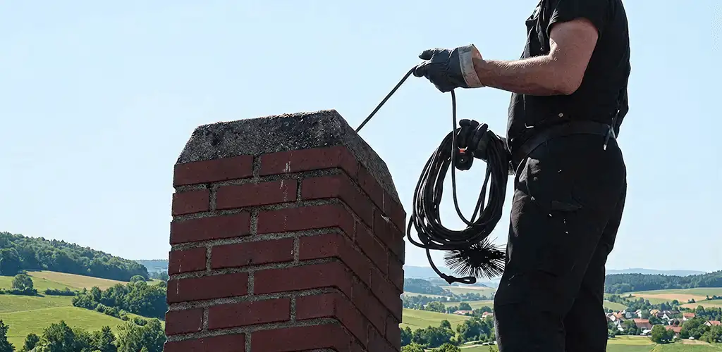 Chimney sweep inspecting and cleaning a rooftop chimney in Orange, CA