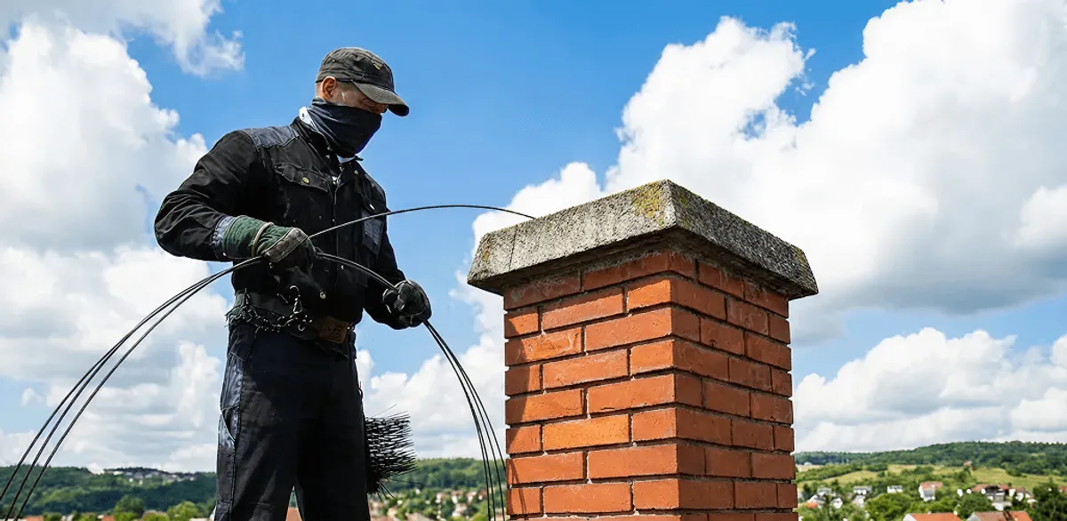 Chimney sweep cleaning a brick chimney with professional tools in Orange, CA