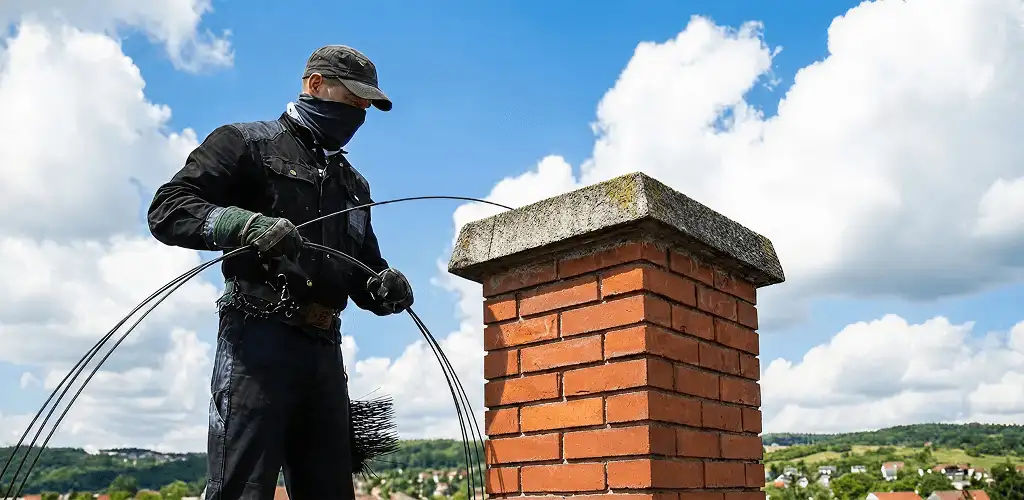 Chimney sweep cleaning a brick chimney with professional tools in Orange, CA