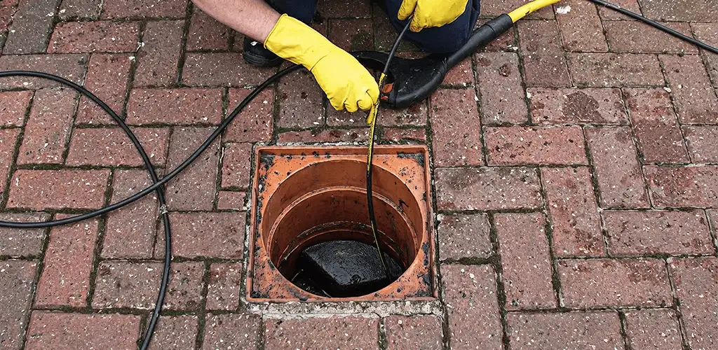 Drain cleaning technician using a drain snake to clear a clogged drain in Orange, CA