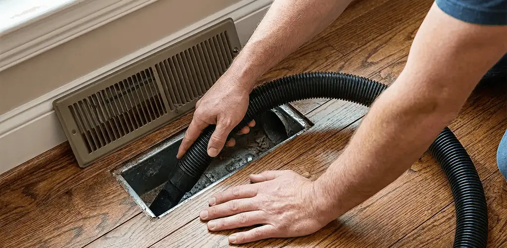 Air duct cleaning technician vacuuming a floor register and duct opening in Orange, CA