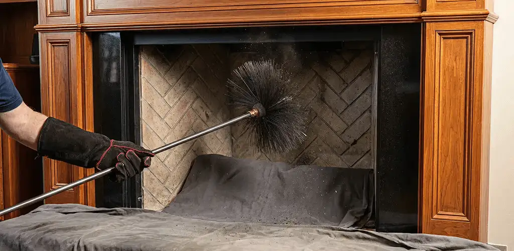 Chimney cleaning service brushing soot from a fireplace and flue in Orange, CA