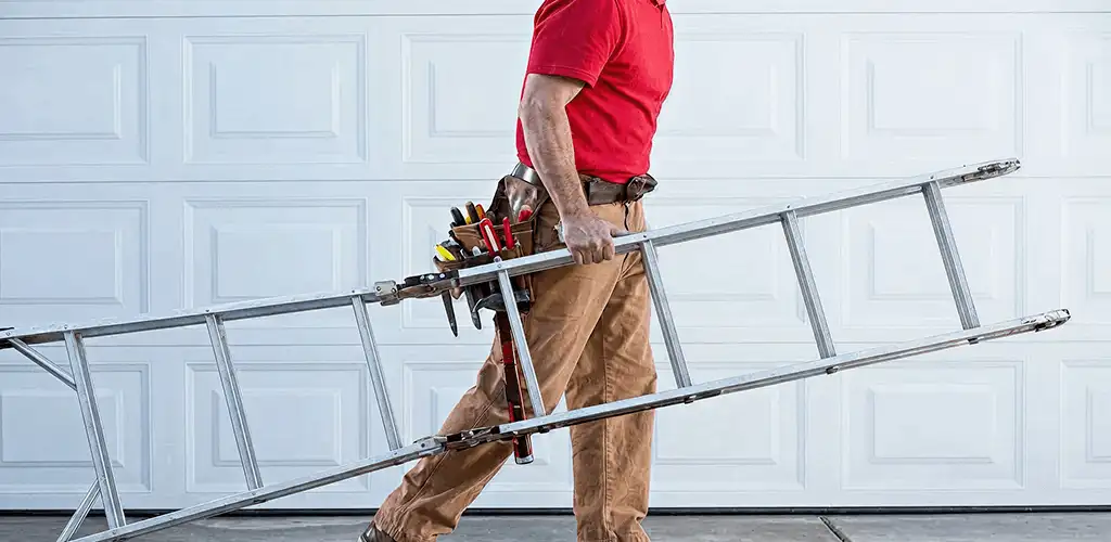 Garage door repair technician arriving with tools and ladder in Orange, CA