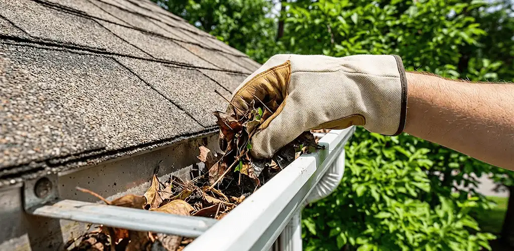 Gutter cleaning removing leaves and debris from roof gutters in Orange, CA