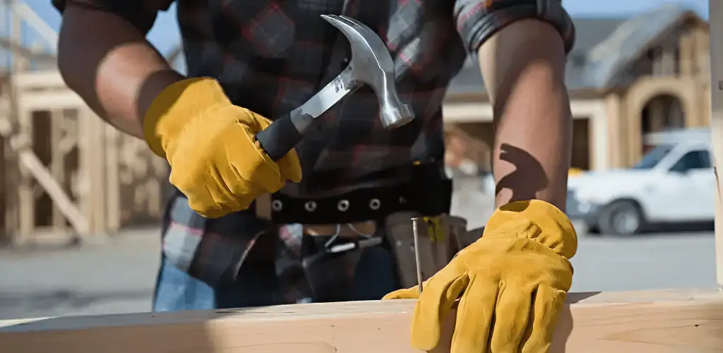 Handyman fixing wood trim with a hammer for home repairs in Orange, CA