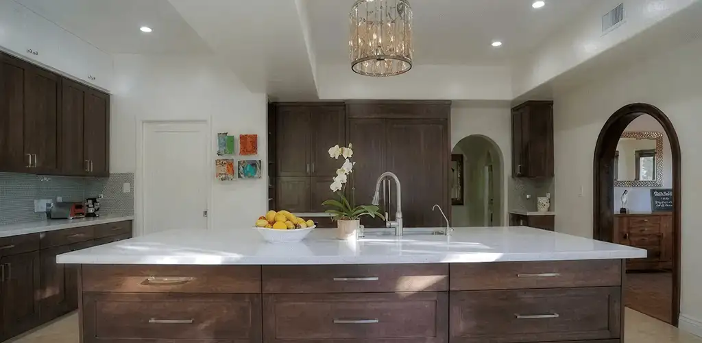 Cabinet refacing project with updated kitchen cabinets and island in Orange, CA