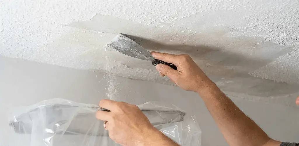 Popcorn ceiling removal technician scraping texture from a ceiling in Orange, CA