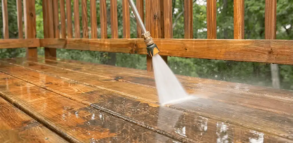 Pressure washing a wood deck to remove dirt and buildup in Orange, CA