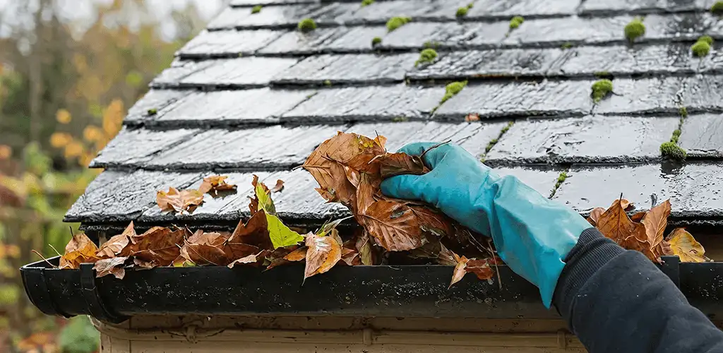 Gutter cleaning technician clearing wet leaves from roof gutters in Orange, CA