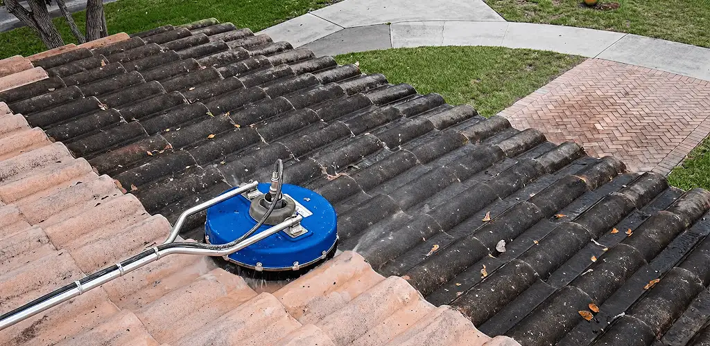 Roof pressure cleaning removing debris and buildup from roof tiles in Orange, CA
