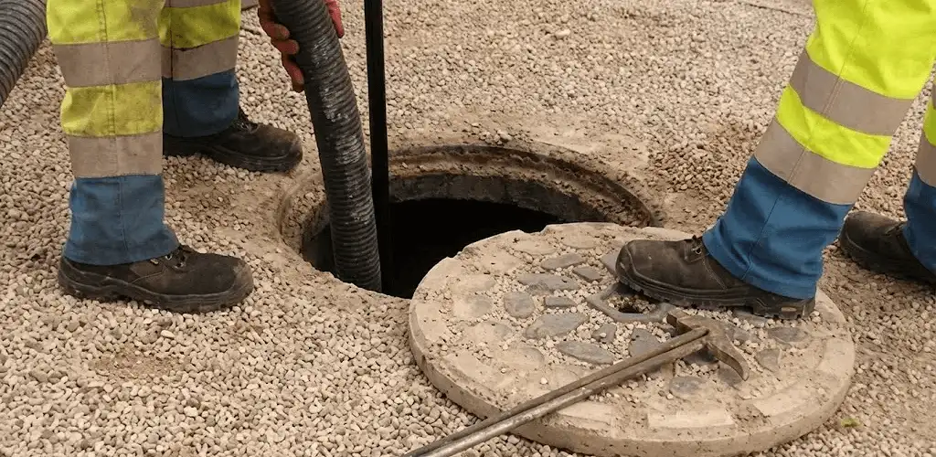Drain cleaning crew clearing a sewer access point with professional equipment in Orange, CA