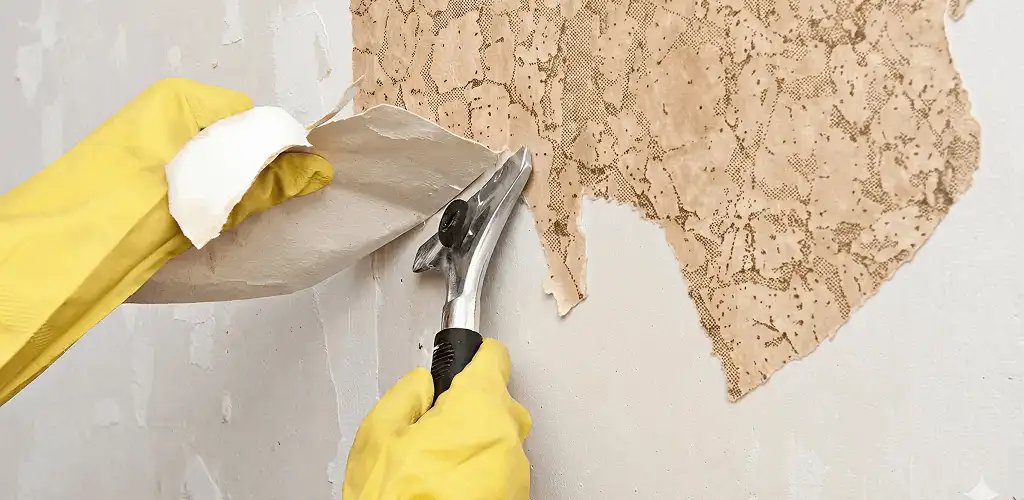 Wallpaper removal service stripping old wallpaper from a wall in Orange, CA